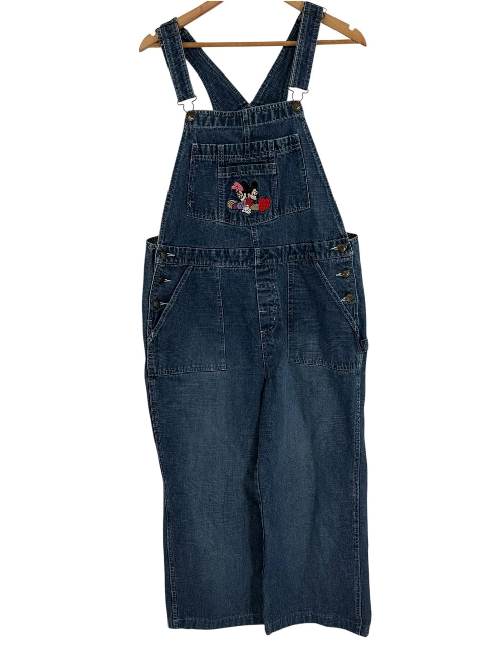 Vintage Disney L Womens Mickey + Minnie Jean Cotton Denim Bibs Overalls Blue